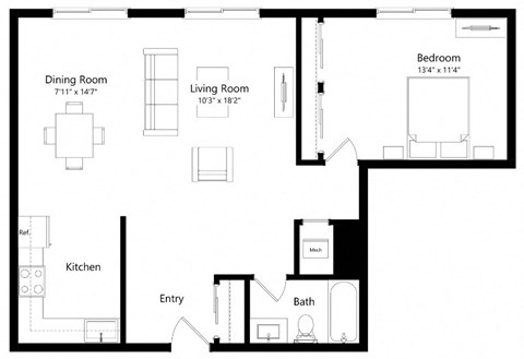 Floor plan for 1 bed, 1 bath, 672 sqft